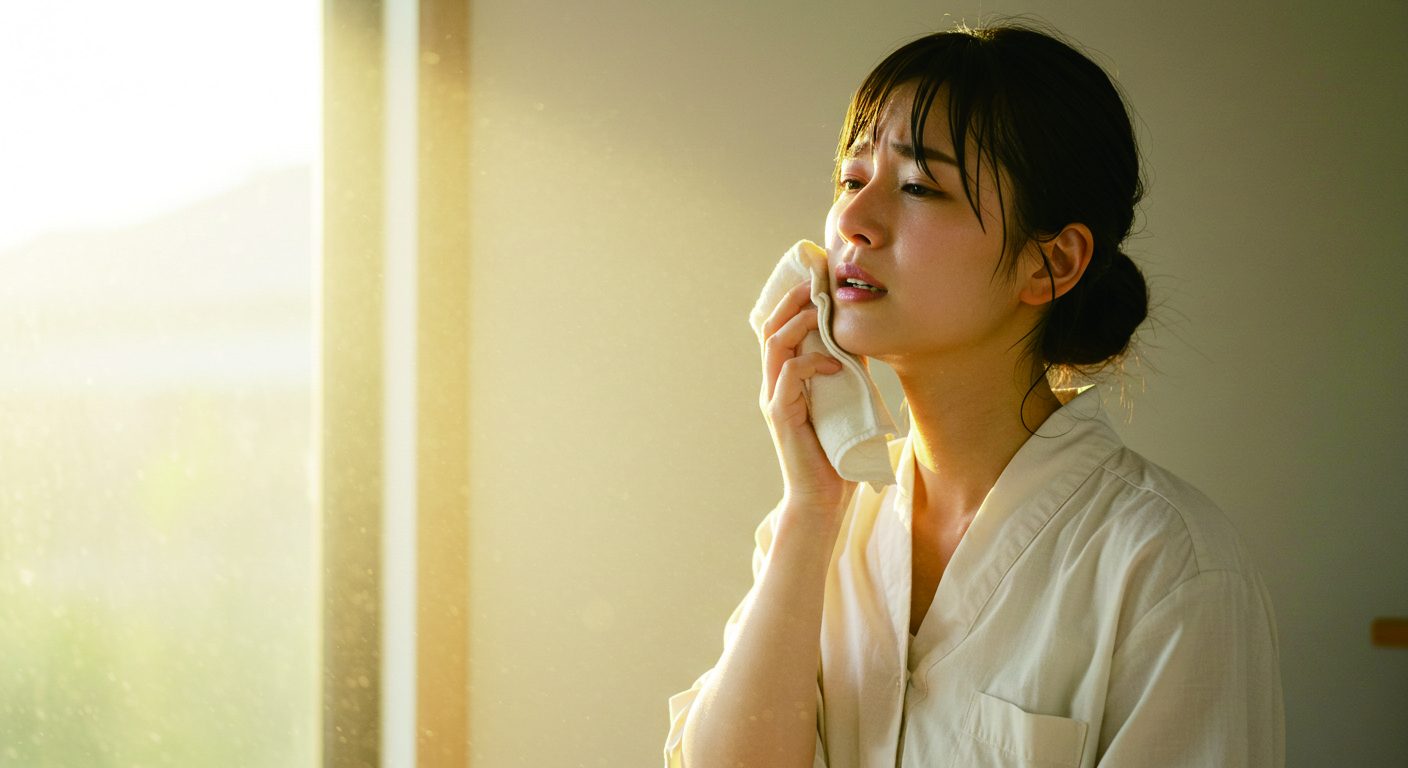 猛暑で汗を拭く女性